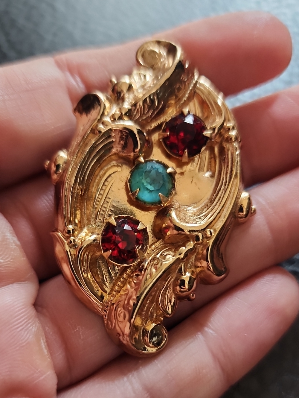 VTG Coro Gold-Tone Brooch with Red and Teal Stones